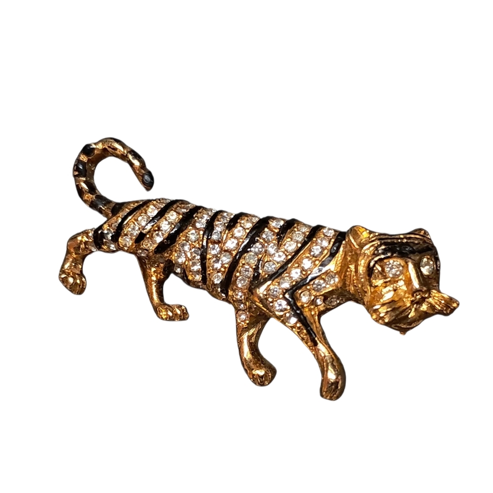 Vintage Gold Tone Enameled With Rhinestone Tiger Brooch - Picture 1 of 3